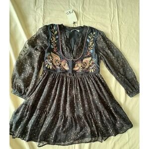 ZARA Girls Floral Embroidered Boho Dress Size 10 140 Blue Floral Long Sleeve